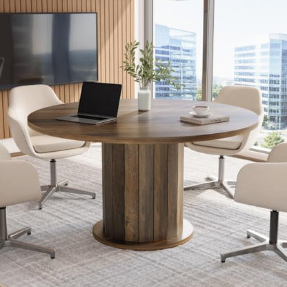 Tribesigns 47-Inch Round Conference Table with Sturdy Pedestal for 4-6 | Rustic Meeting Table with Thick Tabletop, Circular Office Table for Conference Room, Meeting Room, Home Office, Brown