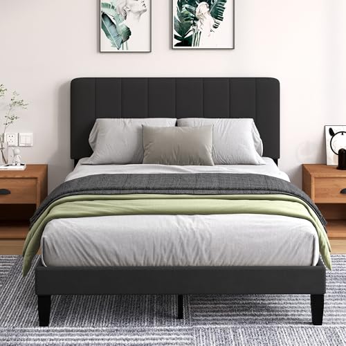 Queen Size Bed Frame with Headboard, Platform Bed with Soft Velvet Upholstered Headboard | Wooden Slats Support | Adjustable Height | No Box Spring Needed, Queen Bed Frame Black - color: Velvet-black, size: Queen (U.S. Standard)