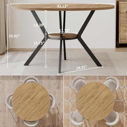 MECHYIN 42 Inch Round Dining Table for 2–4, Farmhouse Round Kitchen Table with Storage Shelf, Pedestal Dining Table, Wood Top & Metal Base, Small Space Table for Apartment, Dining Room - color: 8-natural Wood, size: 42 Inch