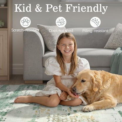DCX Washable Abstract Area Rug 2x8, Non Slip Low Pile Rug, Sage Green | Easy to clean, non-shedding, soft, kid & pet friendly, with a non-slip rubber backing for living rooms, bedrooms, and offices - color: Green & White, size: 2' x 8'