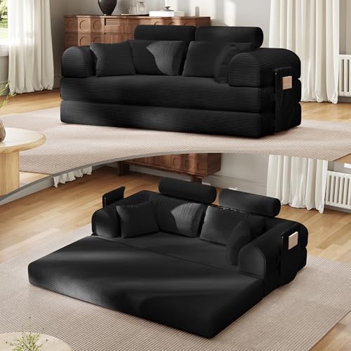 79" Round Arm Sofa with High Backrest Pillow for Living Room (Black) | Corduroy Boneless Loveseat Sleeper Sofa Bed, Modular Futon Couch with 2 High Backrest, Pull Out Couch No Assembly - color: Black, size: 79"Round Arm Sofa with High Backrest Pillow