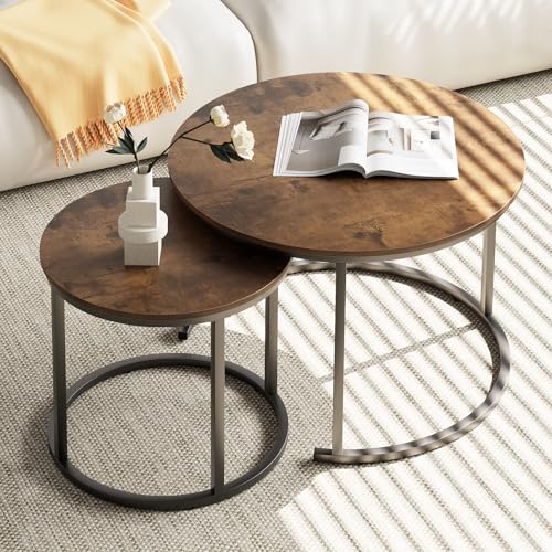 aboxoo Coffee Table Nesting Round Table Set of 2 Side Table with Sturdy Metal Frame for Living Room Bedroom Apartment Modern Industrial Simple Nightstand,Rustic Brown - color: Rustic Brown
