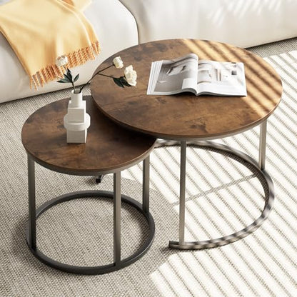 aboxoo Coffee Table Nesting Round Table Set of 2 Side Table with Sturdy Metal Frame for Living Room Bedroom Apartment Modern Industrial Simple Nightstand,Rustic Brown - color: Rustic Brown