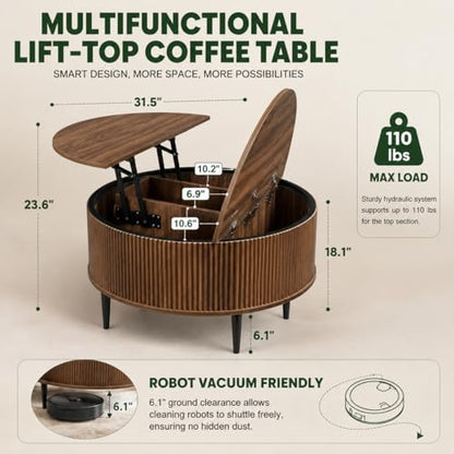 31.5" Round Coffee Table with Storage,Fluted Lift Top Center Table, Midcentury Modern Flip-top Curved Table for Living Room,Walnut