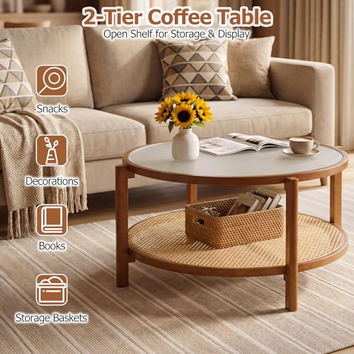Giantex Rattan Coffee Table, 35" Farmhouse Glass Center Table with Storage, Frosted Tempered Glass Top & Solid Wood Leg, Small Accent Tea Table, Round Coffee Table for Living Room, Small Space, Walnut - color: Walnut
