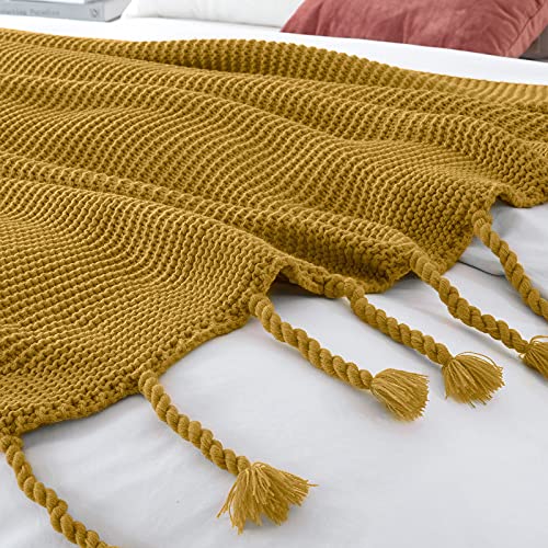 RUDONG M Knitted Throw Blanket with Fringe, Mustard Yellow Knit Throw Blanket for Couch Bed Sofa 50 x 60 Inch - color: Mustard Yellow, size: Throw(50" x 60")