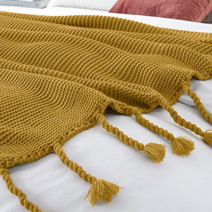 RUDONG M Knitted Throw Blanket with Fringe, Mustard Yellow Knit Throw Blanket for Couch Bed Sofa 50 x 60 Inch - color: Mustard Yellow, size: Throw(50" x 60")