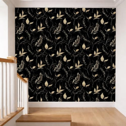 Dark Black and Gold Leaf Peel and Stick Wallpaper 17.7" x 59" | Self-adhesive removable waterproof leaf design for bedroom accent walls and renter friendly spaces - color: Black&Gold, size: 17.7" x 59"