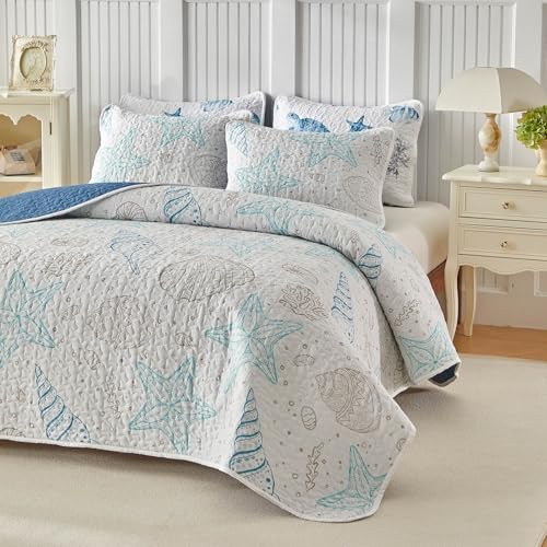 Coastal Quilt Sets Twin Size - Reversible Microfiber Ocean Style with Starfish Scallop Shell Soft Beach Bedding Nautical Bedspread Coverlet Summer Comforter with 1 Sham - color: Starfish, size: Twin-68x86 in