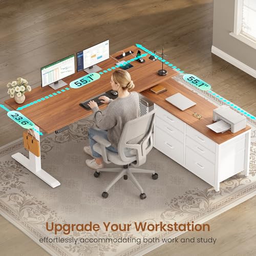 SEDETA L Shaped Electric Standing Desk, 55" x 55" Height Adjustable Office Executive Desk with 6 Fabric Drawers and Storage Shelves, Sit Stand Computer Desk with Power Outlet (White + Brown) - color: White + Brown