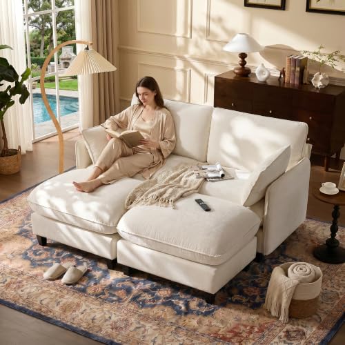 Ihanherry 72" Loveseat Sofa, Cloud Couch with Oversized Large Cushions & Movable Ottoman, Chenille Deep Seat Couch for Living Room, Beige - color: Beige Cream, size: 72'' Loveseat