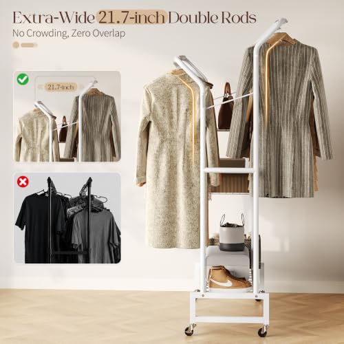 Yoobure Double Rods Clothes Rack - Portable Clothing Rack with Wheels, Rolling Garment Rack with 3-Tier Shelves & 4 Hooks, Freestanding Clothing Racks for Hanging clothes, Coat Rack for Closet Bedroom - color: White