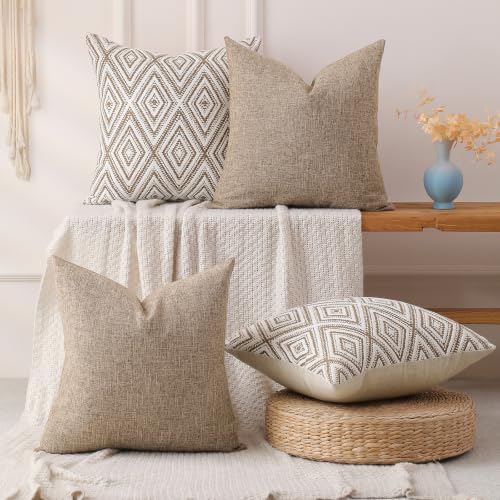 HPUK Throw Pillow Covers 20x20, Set of 4, Light Brown Couch Pillow Covers | Polyester fabric, patterned and solid designs, hidden zippers, machine washable, for sofas and beds, inserts not included - color: Light Brown, size: 20" x 20" (Pack of 4)