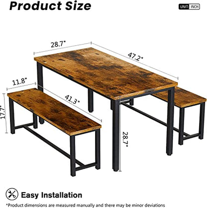 Dining Room Table Set with 2 Benches, Farmhouse Dining Table Set for 4-6, Wood Breakfast Table Set Dinner Table Set Kitchen Table and Chairs for Breakfast Nook Small Spaces, Brown - color: Rustic Brown