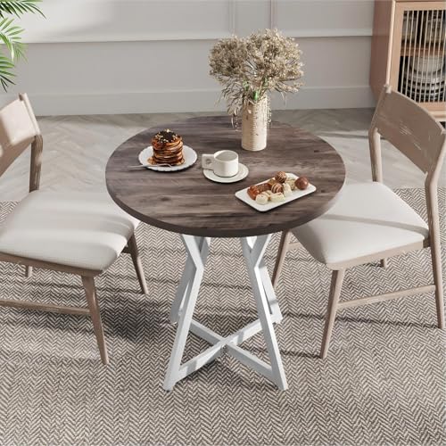 Small Dining Table, 31.5" Round Kitchen Table for 2 with X-Shaped Metal Pedestal Base, Wooden Dining Room Table for Small Spaces, Cafe, Apartment, Living Room, Office (Oak Grey+White)