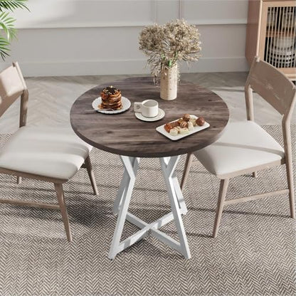 Small Dining Table, 31.5" Round Kitchen Table for 2 with X-Shaped Metal Pedestal Base, Wooden Dining Room Table for Small Spaces, Cafe, Apartment, Living Room, Office (Oak Grey+White)