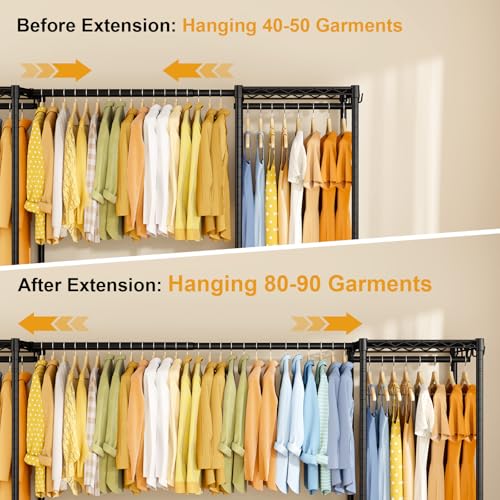 E17 Heavy-Duty Clothes Rack with 2 Expandable Hanging Rods, Black | (78-102.7)”W x 15.7”D x 76.6”H Adjustable Clothing Racks with Shelves, Metal Closet Wardrobe System for Hanging Clothes - color: Black