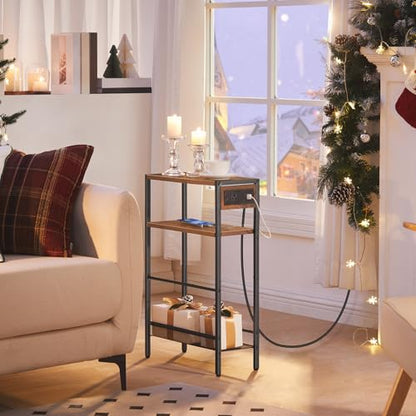HOOBRO Small Narrow Side Table with Charging Station, Skinny End Table for Small Spaces, Slim Nightstand with USB Ports Outlet, Sofa Beside Table with Storage Shelf, Rustic Brown and Black BF102UBZ01 - color: Rustic Brown + Black