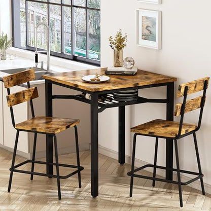 Hooseng 3 Piece Bar Table and Chairs Set, Counter Height Small Dining Table with 2 Bar Stools, Farmhouse Square Kitchen Table with Storage for Bistro, Pub, Small Space - color: Brown