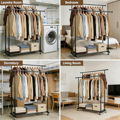 Double Rods Rolling Clothing Rack for Hanging Clothes Portable Wardrobe Rack with Wheels Metal Garment Rack Sturdy Coat Rack with Double Shelves for Bedroom Laundry Living Room, Black