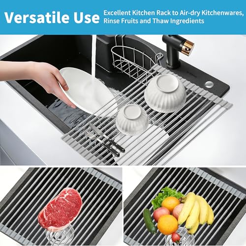 Expandable Roll-UP Dish Drying Rack-Large 304 Stainless Steel Dish Drainer Over The Sink for Kitchen Countertop,Extendable & Rollable & Food Grade (Silver,22.08'x 13.2') - color: Silver, size: Large Expandable