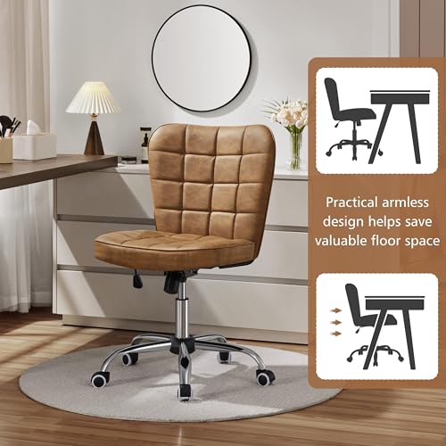 Yaheetech Retro Brown Tufted Armless Desk Chair with Wheels, Faux Leather | Thick foam cushioned seat tilts back to relax, lifts 18-22 in, spins 360 degrees, holds 300 lb, and assembles with ease. - color: Retro Brown