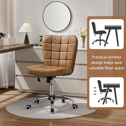Yaheetech Retro Brown Tufted Armless Desk Chair with Wheels, Faux Leather | Thick foam cushioned seat tilts back to relax, lifts 18-22 in, spins 360 degrees, holds 300 lb, and assembles with ease. - color: Retro Brown