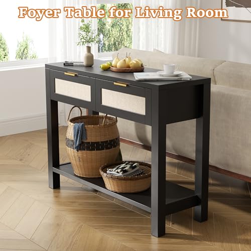 Boho Chic Console Table with 2 Rattan Drawers and Open Shelf Storage, Narrow Farmhouse Sofa Table for Small Space Entryway, Living Room,Hallway, Black - color: Black