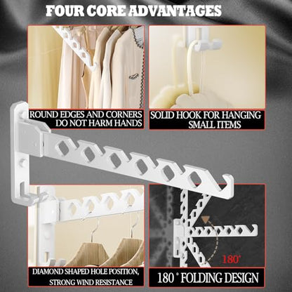 Dr.DJ Wall Mount Coat Hanger Holder White Clothes Drying Organizer Rack Garment Hooks Aluminium Retractable Folding Indoor Wall Mounted Hanger Space Saver for Laundry Room Bedroom White 2Pack - color: White 2Racks