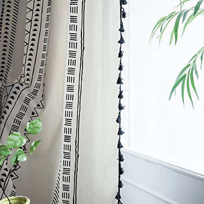 Deeprove Boho Curtains 84 Inches Long, Cream White and Black Bohemian Geometric Print with Tassel, Cotton Linen Semi-Blackout Window Fringe Drape for Bedroom Living Room, Rod Pocket, 1 Panel, 59"x84" - color: Cream & Black Boho, size: 59"W x 84"L (Pack of
