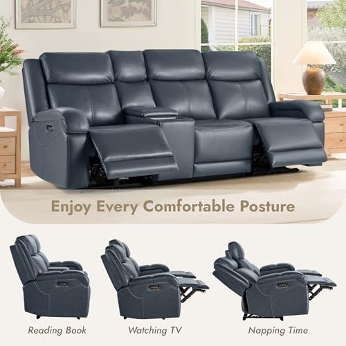 Watson & Whitely Wall Hugger Power Reclining Sofa with Console, Navy Blue | Genuine Leather Recliner Sofa, Power Headrests, Center Storage Console, Cup Holders, 3-Seater Couch, Living Room & RV - color: Navy Blue, style: 3 Seater Sofa (with console)