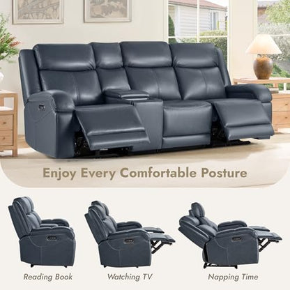 Watson & Whitely Wall Hugger Power Reclining Sofa with Console, Navy Blue | Genuine Leather Recliner Sofa, Power Headrests, Center Storage Console, Cup Holders, 3-Seater Couch, Living Room & RV - color: Navy Blue, style: 3 Seater Sofa (with console)