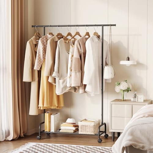 Clothes Rack with Wheels, Rolling Clothing Rack with Storage Shelf Sturdy Metal Garment Rack for Bedroom, Shop, Laundry Storage - 63H x 42W x 16D in - color: black