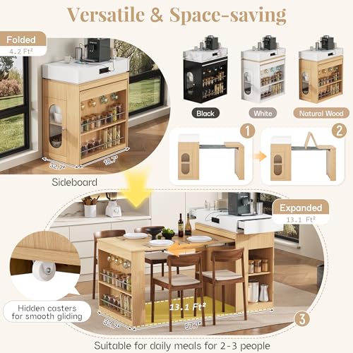 Extendable Dining Table with Folding Tabletop & Power Outlet, Modern Kitchen Island Sideboard with Wheels, Hidden Drawers & USB Charging, Sturdy Buffet Table for Small Spaces (Natural) - color: Natural