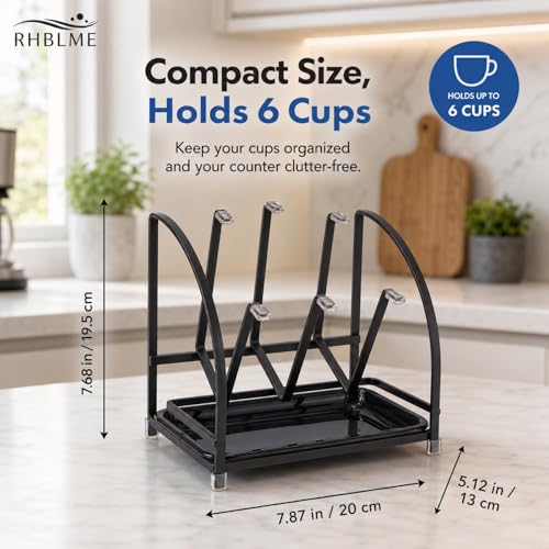 RHBLME 2 Packs Glass Drying Rack, Vertical Bottle Drying Rack Glass Bottle Holder with Drain Tray, Silicone Protective Hooks, Carbon Steel Non Slip Cup Mug Organizer for Glass Coffee Mug Countertop