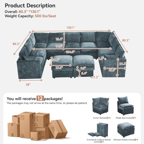 130" Blue Oversized Modular Storage Sofa, U Shaped Chenille Cloud Couch | Oversized Convertible Sectional Sofa, 9-Seat Sectional Couch With 2 Ottomans, Large Cloud Couch For Living Room, Apartment. - color: Blue, size: 130"U-Shape Sofa+2ot