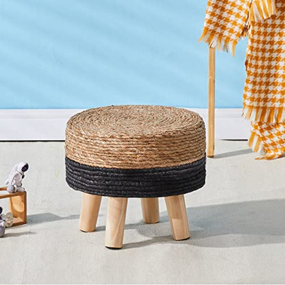Cpintltr Ottoman Natural Seagrass Footrest Poufs Hand Weave Round Foot Stool for Couch Desk Soft Step Stool Padded Foot Rest with Pine Legs for Living Room Bedroom Natural/Black - color: Black