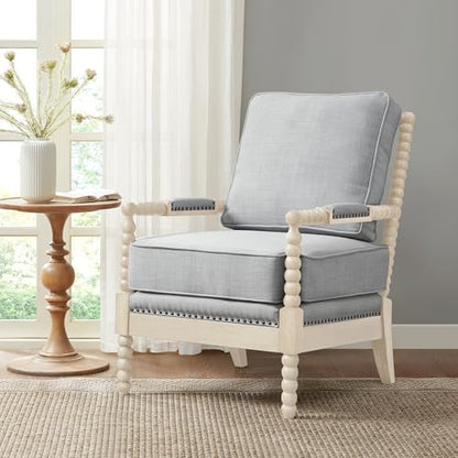 Madison Park Accent Chairs for Living Room Farmhouse Modern Armchair, Solid Wood, Antiqued Finish, Upholstered Seat Removable, Bedroom Lounge for Reading, 25.5" W, Light Blue/Antique Cream - color: Light Blue/Antique Cream