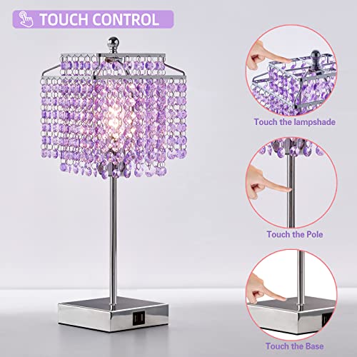 Luvkczc Purple Bedside Crystal Table Lamp Set of 2, Touch Control Lamps,Dimmable Lamp with Crystal Shade for Bedroom, Girl Living Room, 6W B11 Bulb Included - color: Purple, 2 Pack