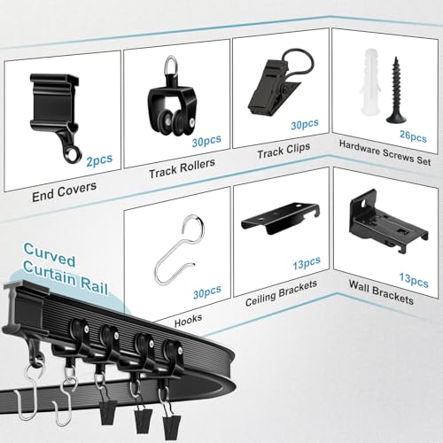 KOLAKO Ceiling Curtain Track, Flexible Bendable Curtain Rails Ceiling Wall Mount 12Ft Curved Sliding Curtain Track System, Room Divider, Black Ceiling Track Set for Shower Rv - color: Black, size: 12Ft