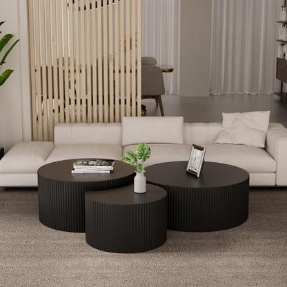 JUSTONE Black Round Coffee Table for Living Room, 35.43" Round Wood Circle Drum Coffee Table End Table Side Table for Home Office, Matte Black (ø35.4'' x 13.7'') - color: 35.4'' - Black