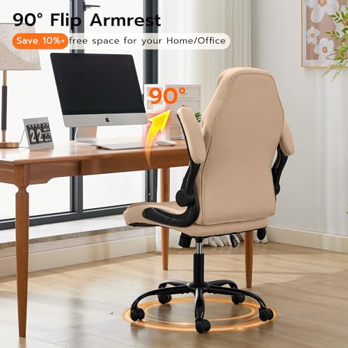 Ylzyxal Office Desk Chair, Ergonomic Computer Chair with Padded Flip-Up Arms and Adjustable Lumbar Support, PU Leather Executive Chair with Tilt Lock and 360° Swivel Rolling Wheels for Work, Study - color: Beige