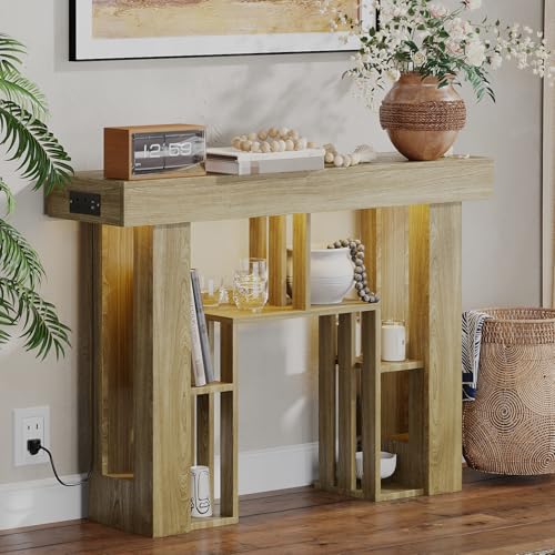 43.3" Console Table with Charging Station & USB-C Port, Behind Couch Sofa Table with LED Lights Narrow Entryway Table for Entrance Living Room Hallway Foyer, Oak - color: Oak