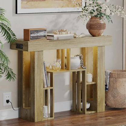 43.3" Console Table with Charging Station & USB-C Port, Behind Couch Sofa Table with LED Lights Narrow Entryway Table for Entrance Living Room Hallway Foyer, Oak - color: Oak