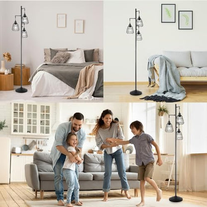 9MMML 68” Living Room Floor Lamp, Industrial Farmhouse 3 Teardrop Cage Standing Lamp,Black Tall Floor Lamp for Bedroom Office, 3 LED Edison Bulbs Included - color: Black