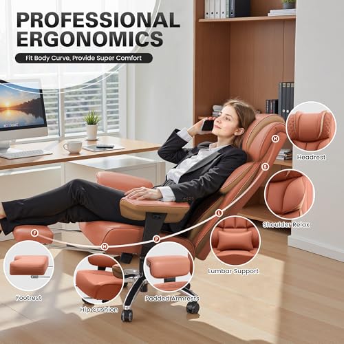 BestGlory Office Desk Chair, Big and Tall Leather Gaming Chair with Footrest, Wide Ergonomic Comfy Executive High-Back Reclining Computer Chairs, Swivel Rolling Wheels and Lumbar Support, Brown - color: Terracotta, style: 3 Position Reclining