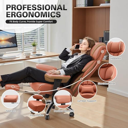 BestGlory Office Desk Chair, Big and Tall Leather Gaming Chair with Footrest, Wide Ergonomic Comfy Executive High-Back Reclining Computer Chairs, Swivel Rolling Wheels and Lumbar Support, Brown - color: Terracotta, style: 3 Position Reclining