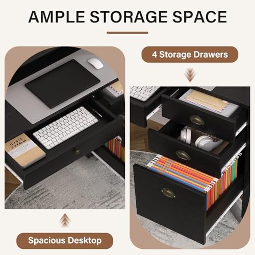 4 EVER WINNER Black Desk with Drawers, Small Desk with File Drawer and Monitor Stand, Computer Desk with Storage, Writing Desk for Bedroom Home Office, Black - color: Black