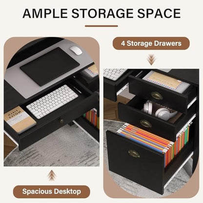 4 EVER WINNER Black Desk with Drawers, Small Desk with File Drawer and Monitor Stand, Computer Desk with Storage, Writing Desk for Bedroom Home Office, Black - color: Black