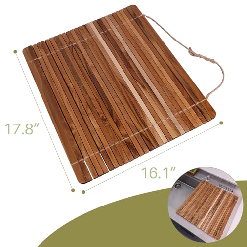 HTB Over Sink Dish Drying Rack 17.8'' x 16.1” Teak Wood | Roll Up Dish Drying Rack for Kitchen Counter,Space Saving,Collapsible Dish Drying Mat for Bowls,Vegetables,Fruits,Bottles